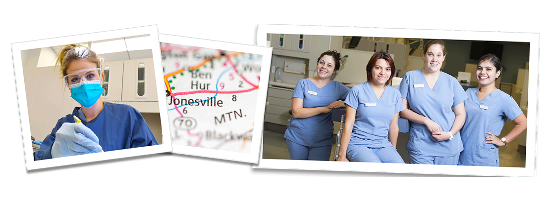 Two photos of nursing students and a map of Virginia