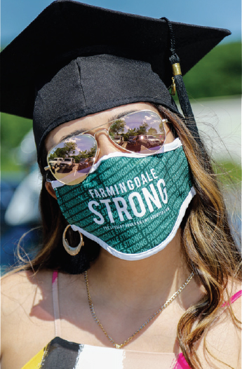 Student with Farmingdale Strong mask at Car-mencement
