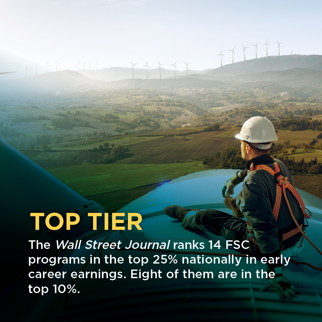 Top Tier - The Wall Street Journal, ranks 14 FSC programs in the top 25% nationally in early career earnings. Eight of them are in the top 10%
