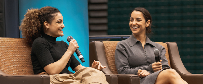 Olympic gold medalists Aly Raisman and Laurie Hernandez engaging in a discussion about mental health